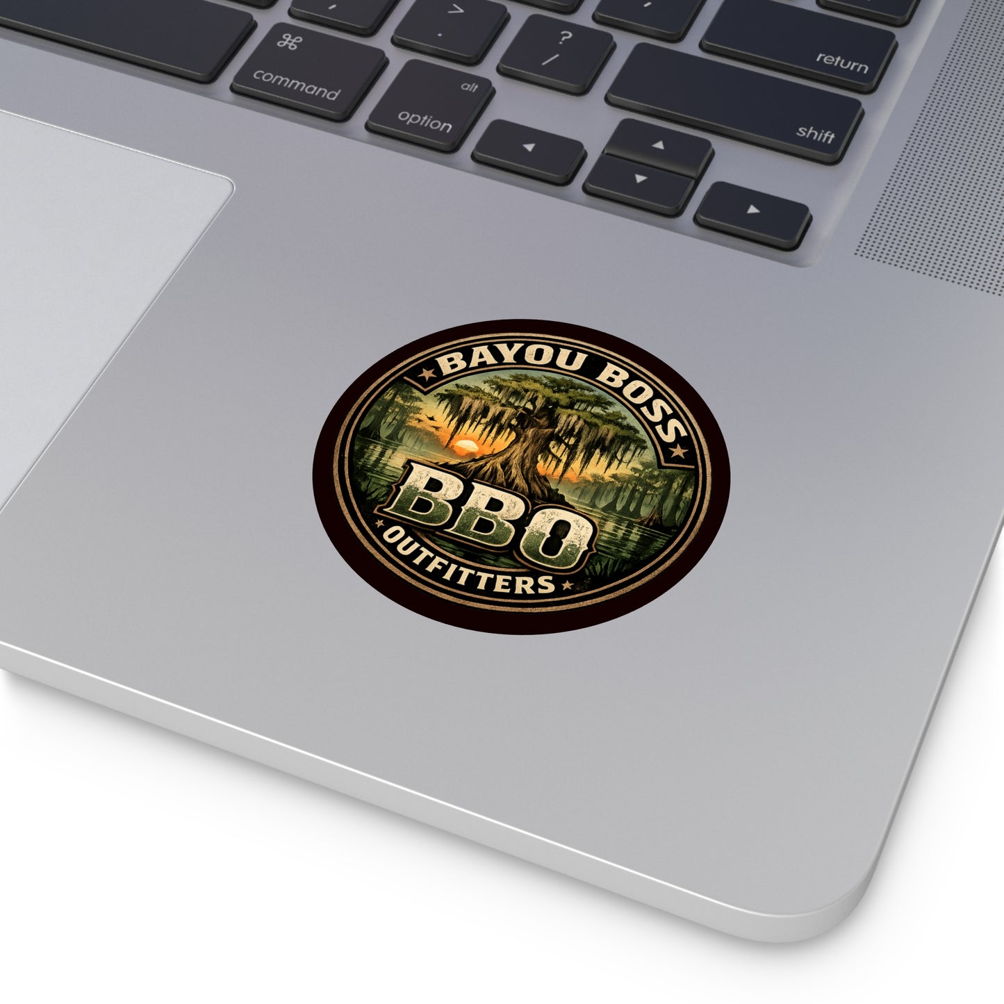 Bayou Boss Outfitters Round Vinyl Sticker — BBO Cypress Swamp Sunset