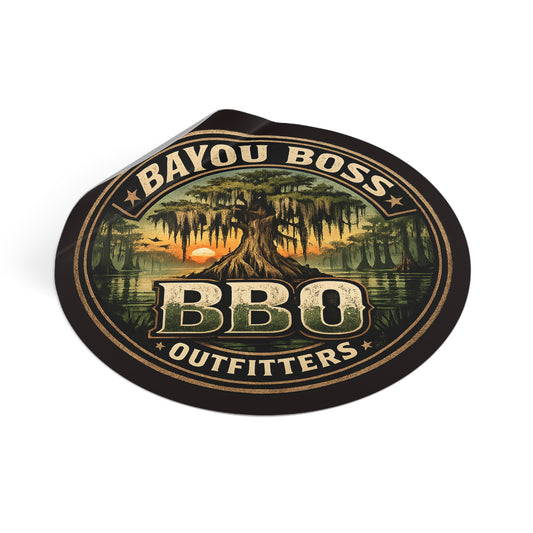 Bayou Boss Outfitters Round Vinyl Sticker — BBO Cypress Swamp Sunset