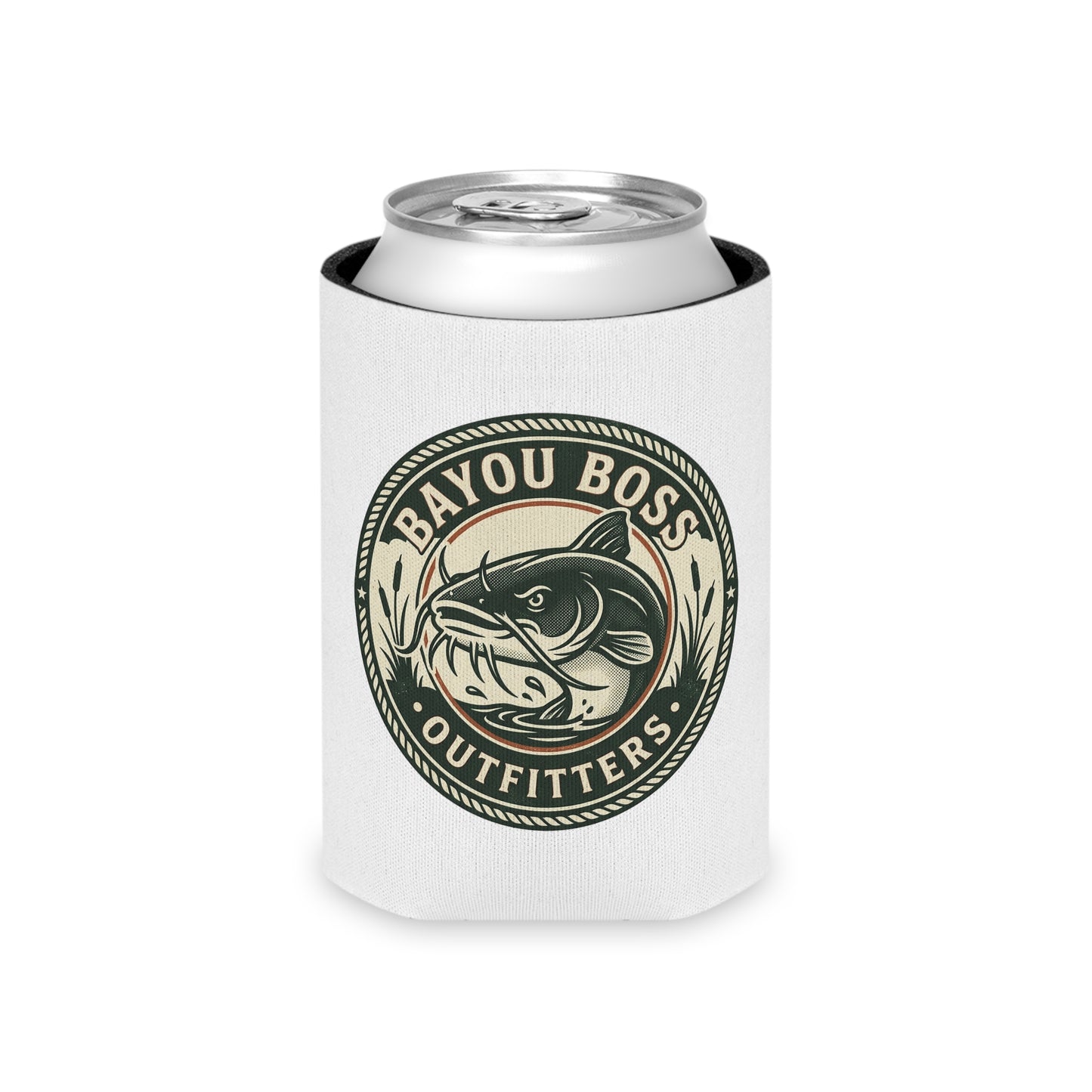 Bayou Boss Outfitters Can Cooler — Fishing & BBQ Logo Drink Koozie