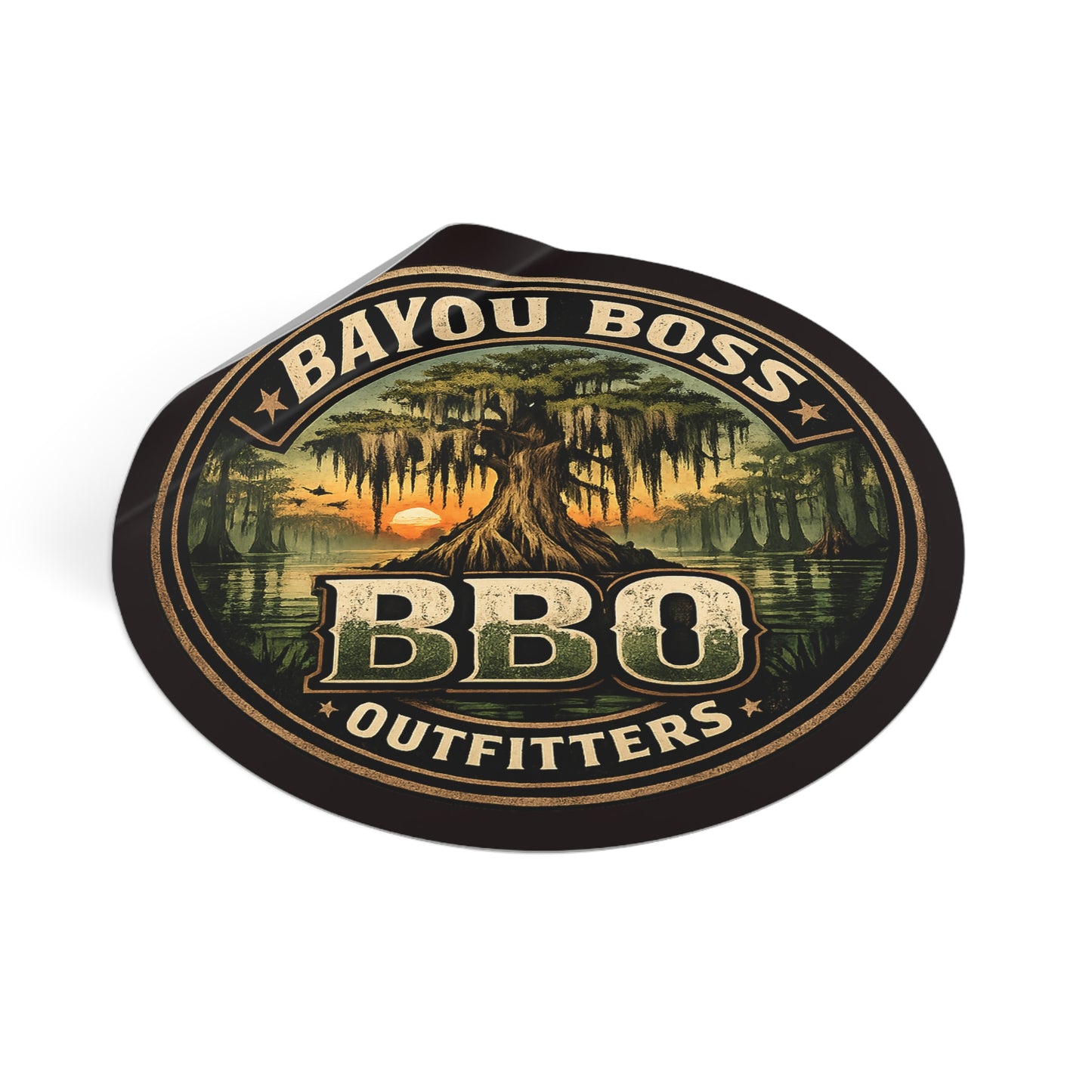 Bayou Boss Outfitters Round Vinyl Sticker — BBO Cypress Swamp Sunset